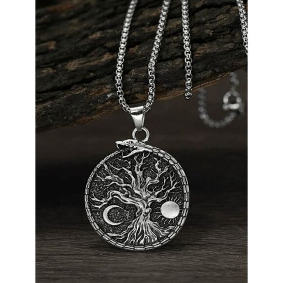 STAINLESS STEEL TREE OF LIFE SUN MOON SNAKE UNISEX PENDANT NECKLACE - Picture 1 of 7